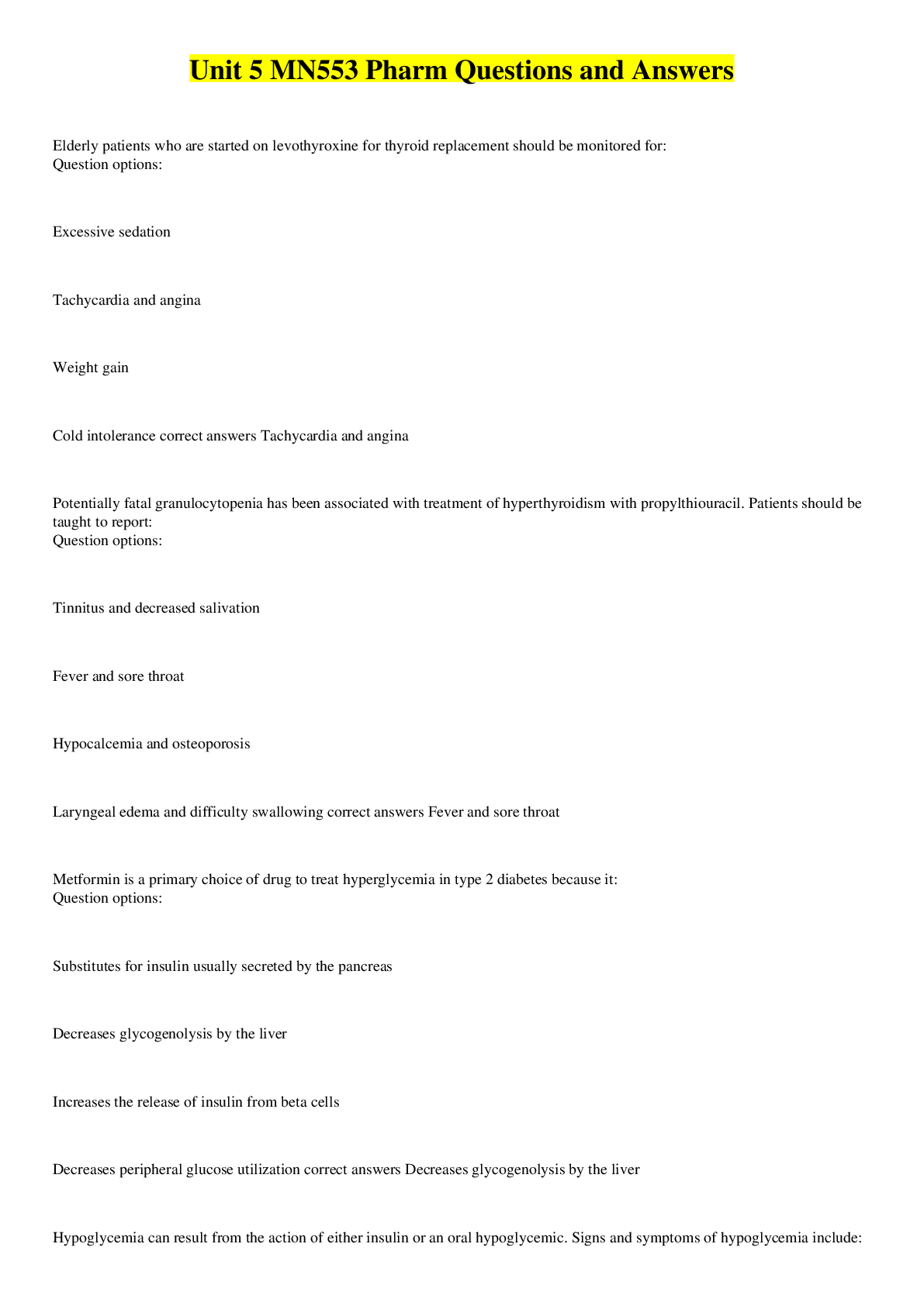 Preview image for Unit 5 MN553 Pharm Questions and Answers